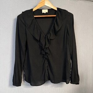Black Silk Ruffle Blouse Sezane Long Sleeve Size 40 Classic Office